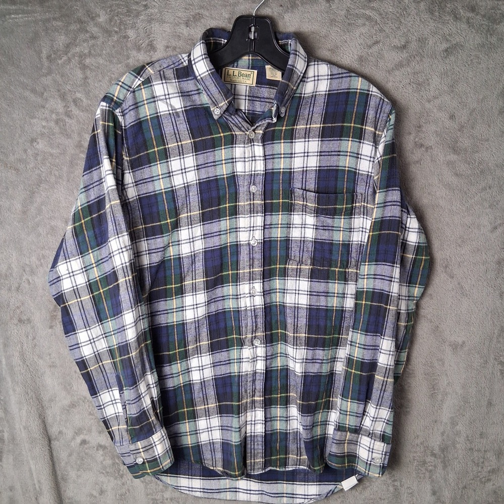 LL Bean Vintage Kids Plaid Flannel Shirt Made in USA Blue Green L 14-16 L583